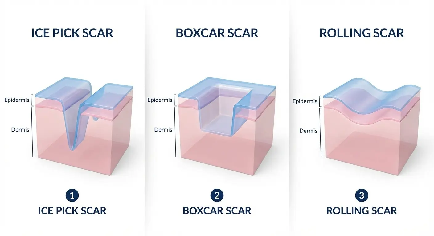 Cross-section diagram showing the three types of atrophic acne scars: ice pick, boxcar, and rolling scars in skin layers