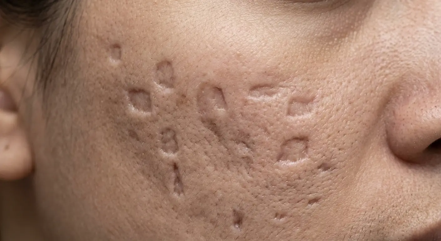 Close-up macro view of boxcar acne scars showing broad, rectangular depressions with sharp vertical edges