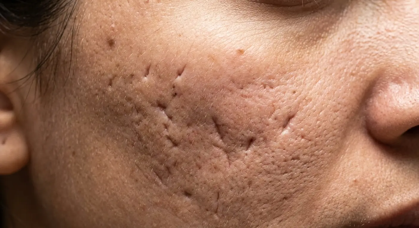 Close-up macro view of ice pick acne scars showing deep, narrow, V-shaped puncture-like depressions in skin