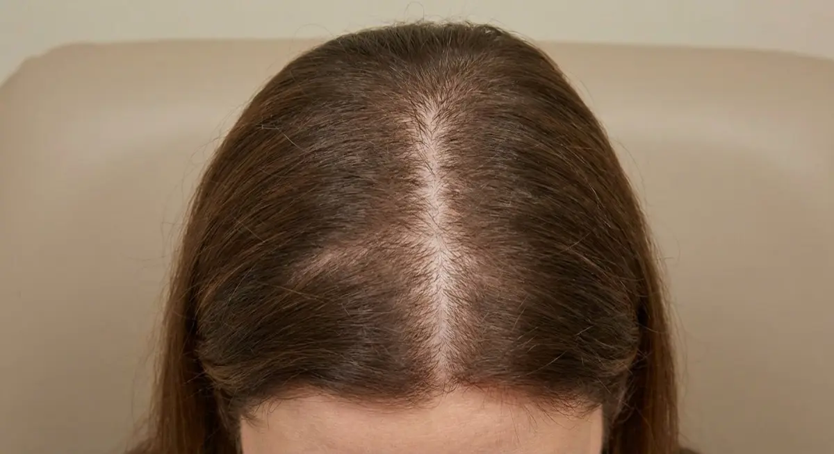 Female pattern hair loss showing diffuse thinning at the crown with preserved frontal hairline