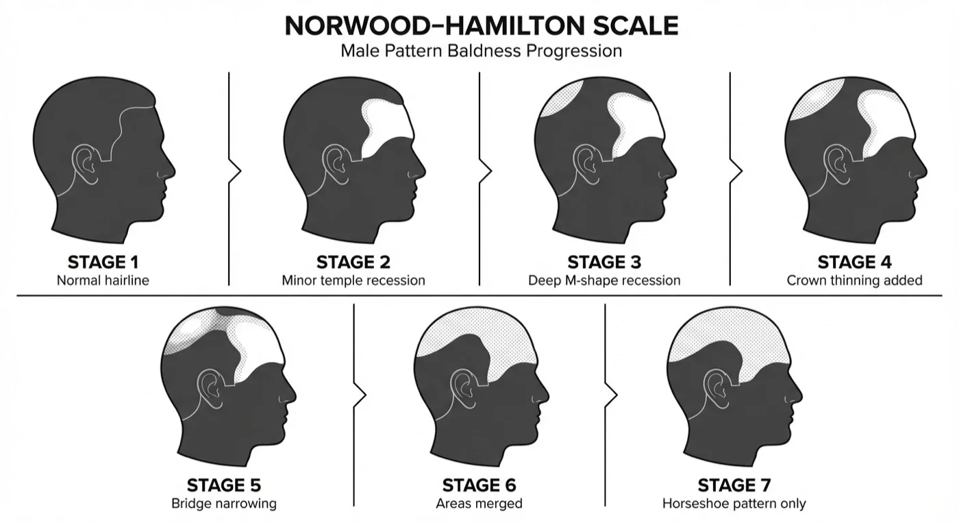 The Norwood-Hamilton Scale showing 7 stages of male pattern baldness from minimal recession (Stage 1) to extensive baldness (Stage 7)
