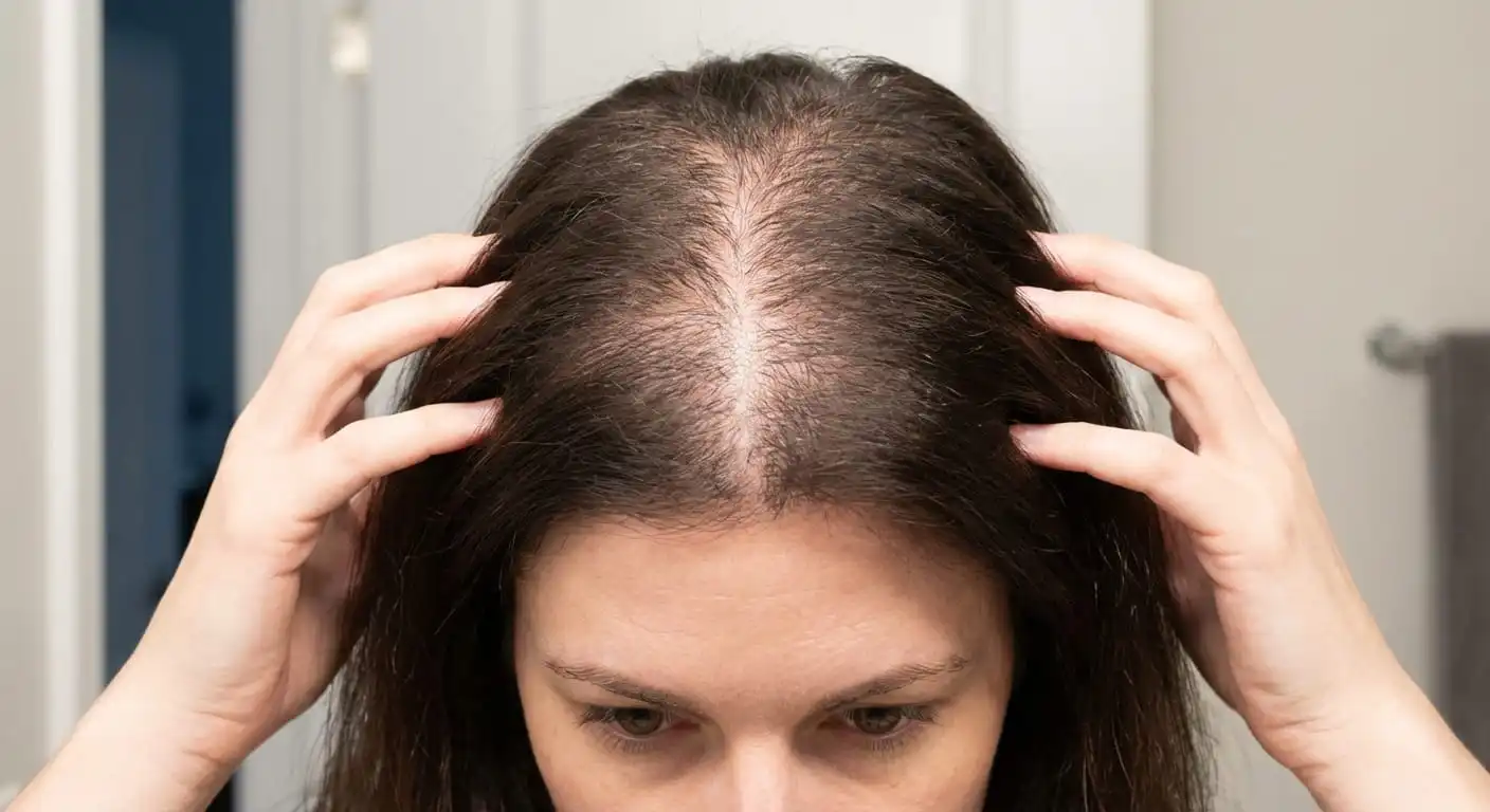 Telogen effluvium showing diffuse hair thinning across the entire scalp without a specific pattern