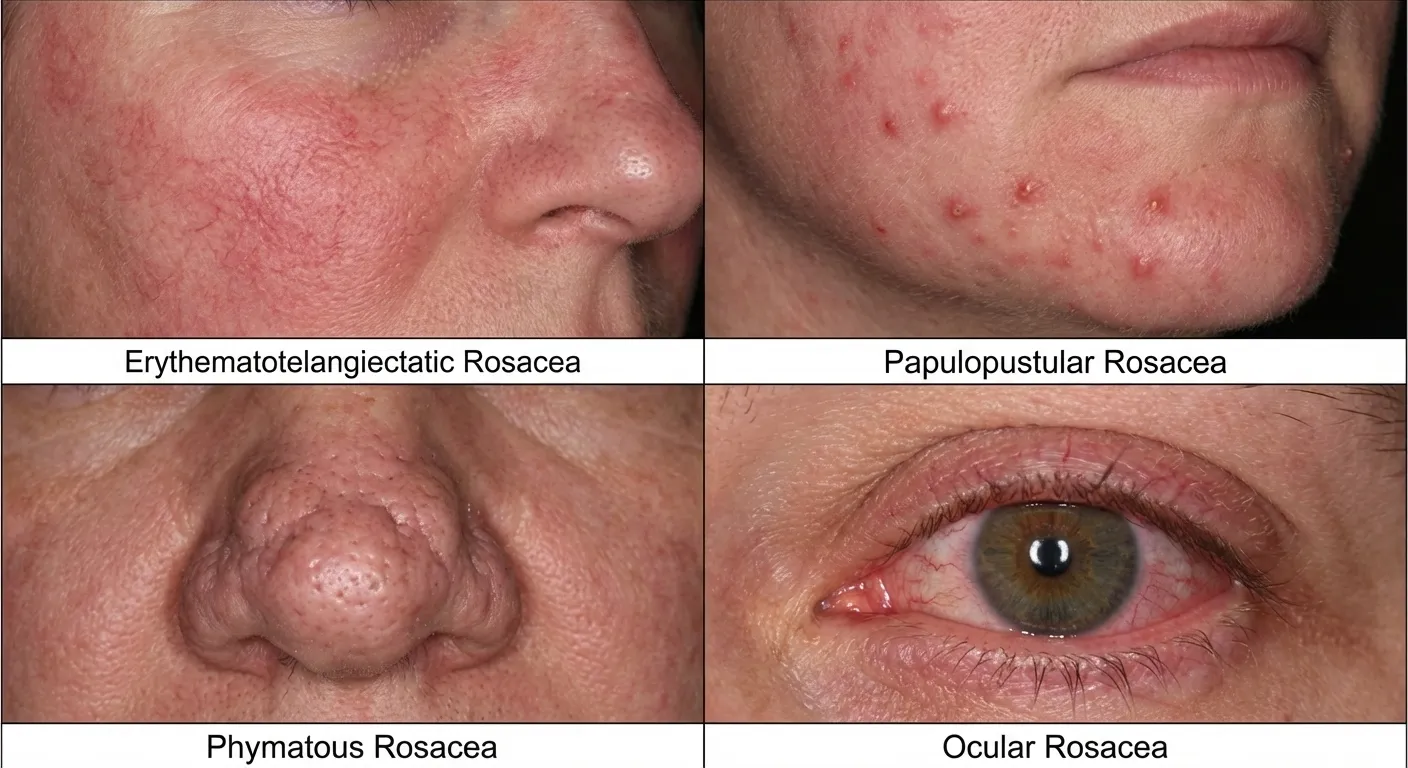 Diagram showing the four types of rosacea: erythematotelangiectatic, papulopustular, phymatous, and ocular rosacea