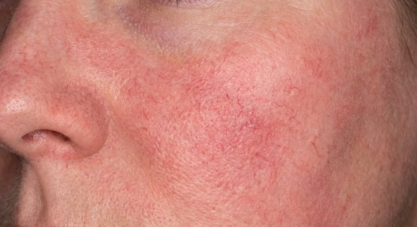 Close-up showing Type 1 erythematotelangiectatic rosacea with persistent central facial redness and visible blood vessels