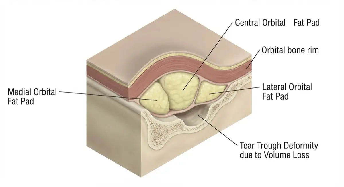 Detailed anatomy diagram showing orbital fat compartments, orbicularis oculi muscle, tear trough ligament, and orbital bone rim