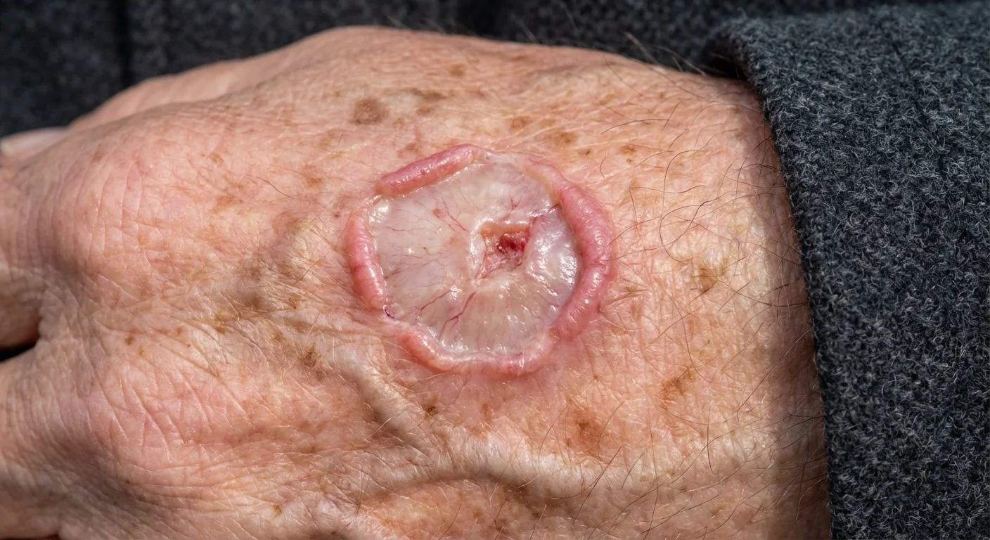 Medical illustration showing the typical clinical presentation of Basal Cell Carcinoma (BCC) on the hand, featuring a pearly raised nodule with visible blood vessels