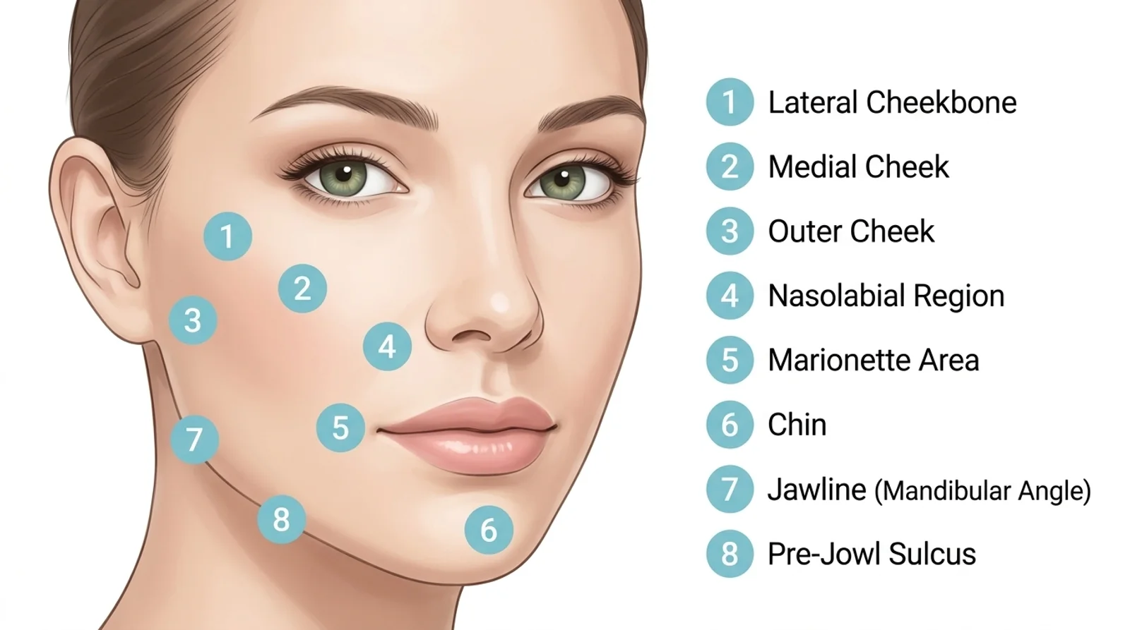 8-point facelift injection points diagram showing the 8 strategic dermal filler placement sites on the mid-face and lower face for non-surgical facelift treatment